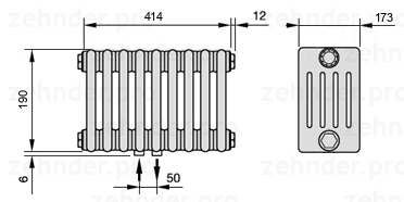 Схема (чертеж) Радиатор Zehnder Charleston 5019/9 №3470 Белый глянцевый RAL 9016